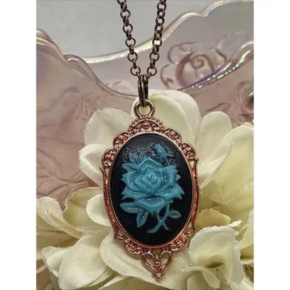 Black teal Turquoise Necklace Easter Mom Cameo Mom Rose Gold wedding Jewelry - Picture 3 of 13